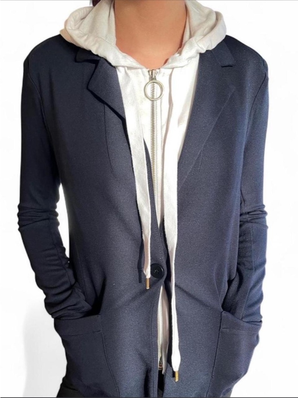 Bailey 44 Navy and White Layered Hoodie-Style Cardigan